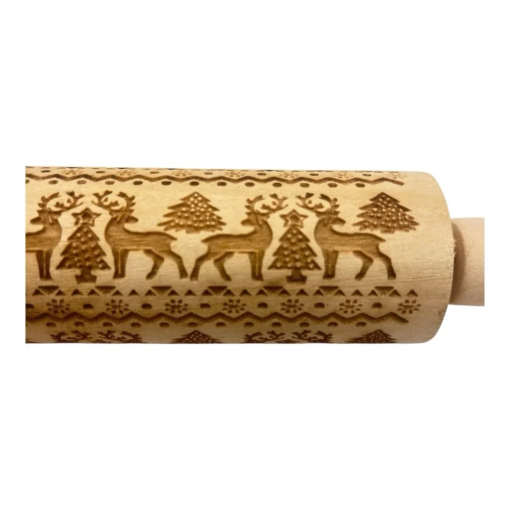 New Christmas‎ Embossing Rolling Pin Engraved Elk Deer Baking Cookie Cake 13